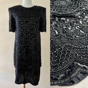 Vintage 80s Laurence Kazar Black Beaded Sequin Silk Overlay Dress / Petite Small